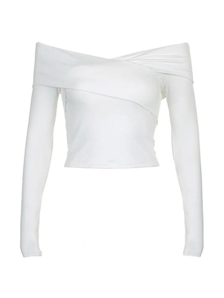 Solid Off Shoulder Crossover Design Long Sleeve Tee