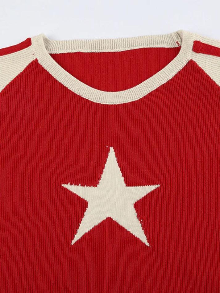 Vintage Contrast Color Star Raglan Sweater