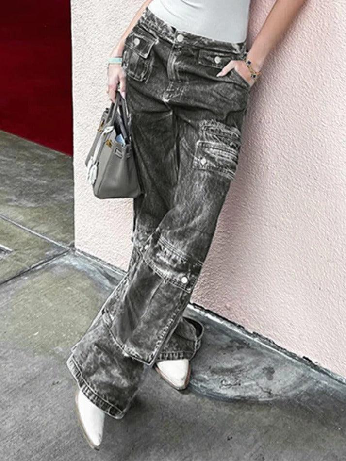 Distressed Multi Pocket Low Rise Cargo Jeans