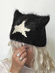 Contrast Color Star Cat Ear Styling Beanie Hat