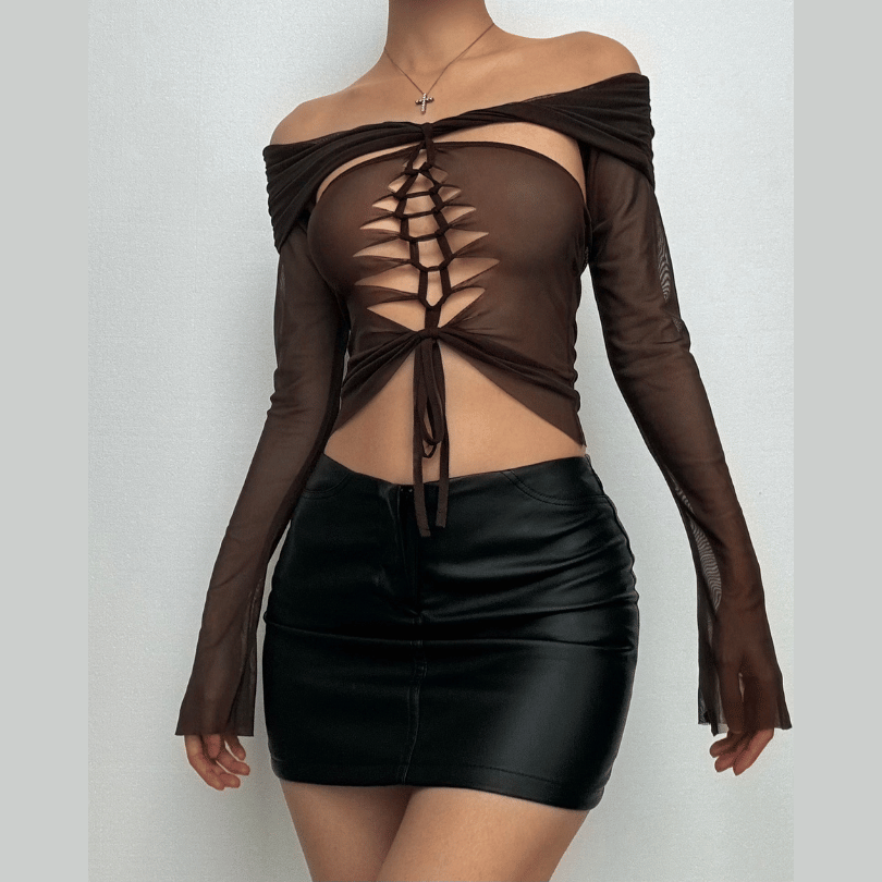 Long sleeve off shoulder lace up hollow out sheer mesh cut out top