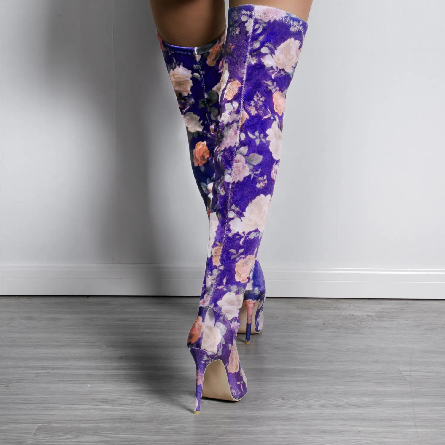 Floral Blue Thigh High Stiletto Heel Boots