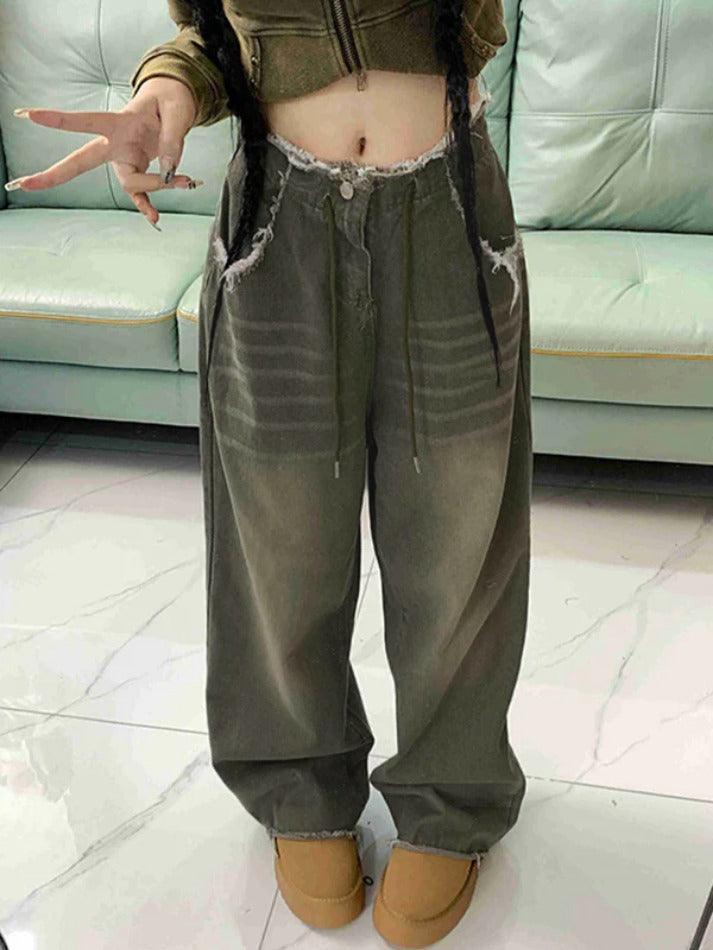 Vintage Wash Drawstring Raw Trim Boyfriend Jeans