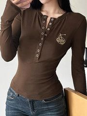 Vintage Brown Cherry Embroidery Breasted Long Sleeve Tee