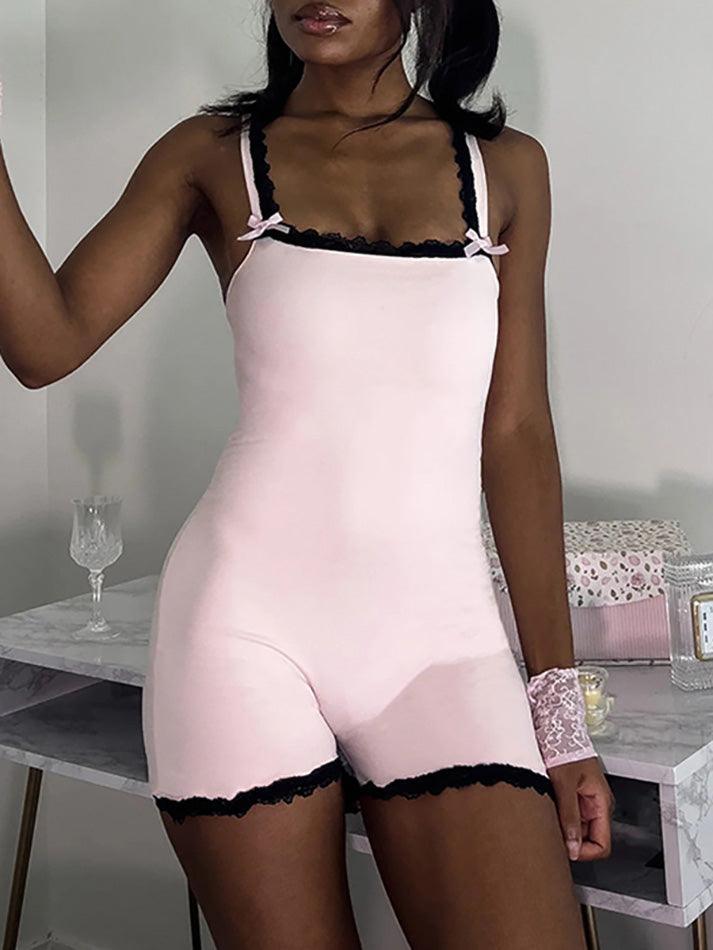 Spaghetti Strap Lace-Trim Plain Bodysuit Top