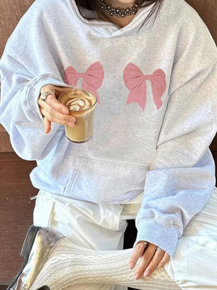 Street Bow Print Drawstring Oversized Hoodie