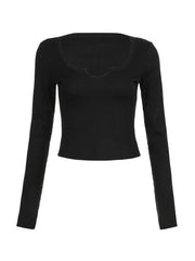 Solid Notch Neck Slim Long Sleeve Knit