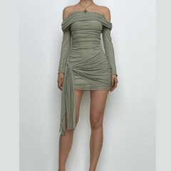 Long sleeve off shoulder ruffle ruched mesh mini dress