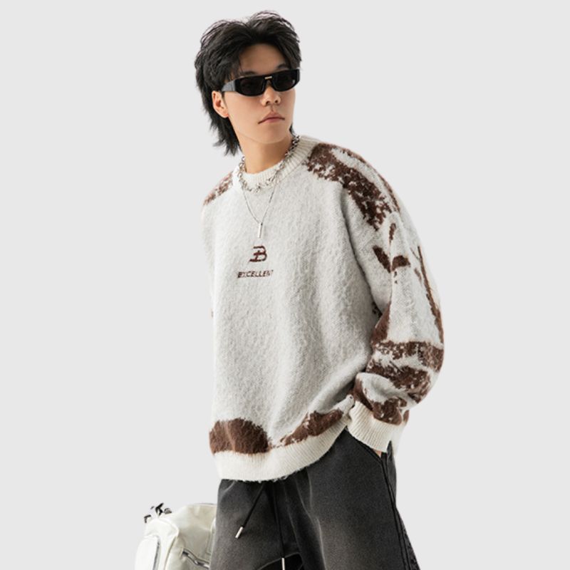 Irregular Color Contrast Jacquard Knit Pullover