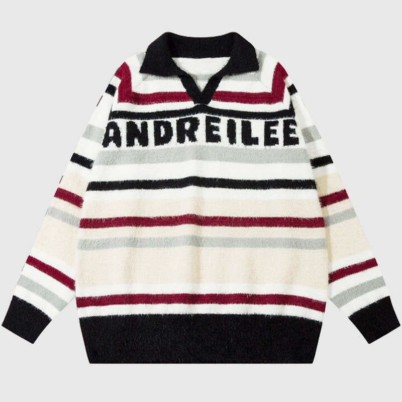 Letter Embroidered Color-blocked Stripe Pullover