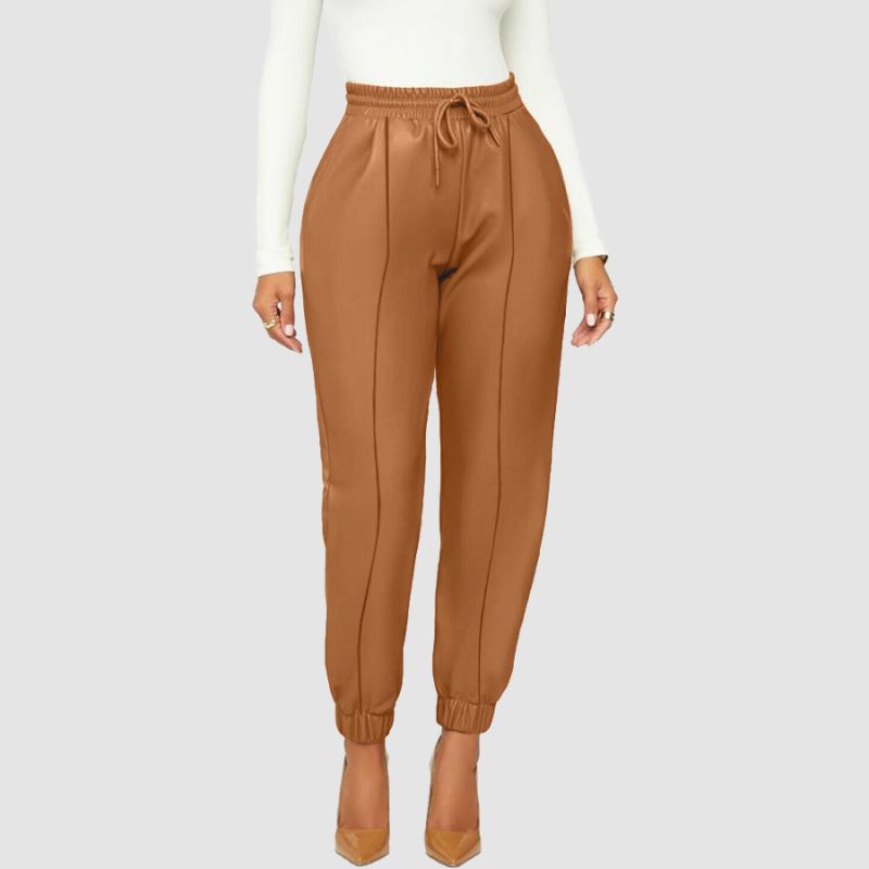 Solid Color Drawstring PU Pants