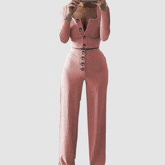 Buttoned Square Collar Top & Wide Leg Pant Set