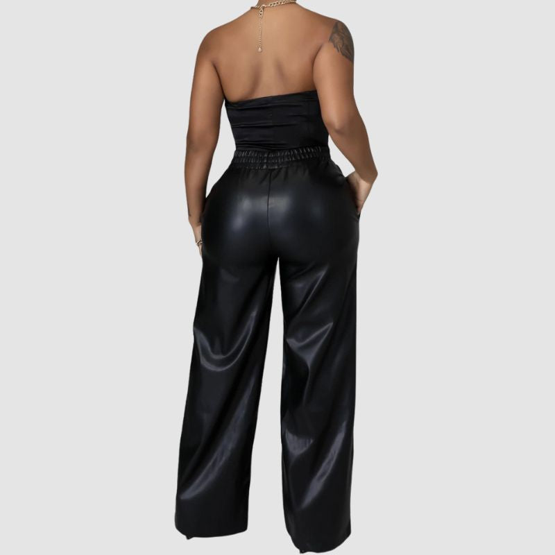 Solid Color Wide Leg PU Leather Pants