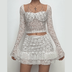Long flared sleeve ruched lace sweetheart neck solid mini skirt set