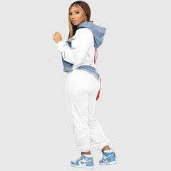 Denim Patchwork Hoodies & Pant Set