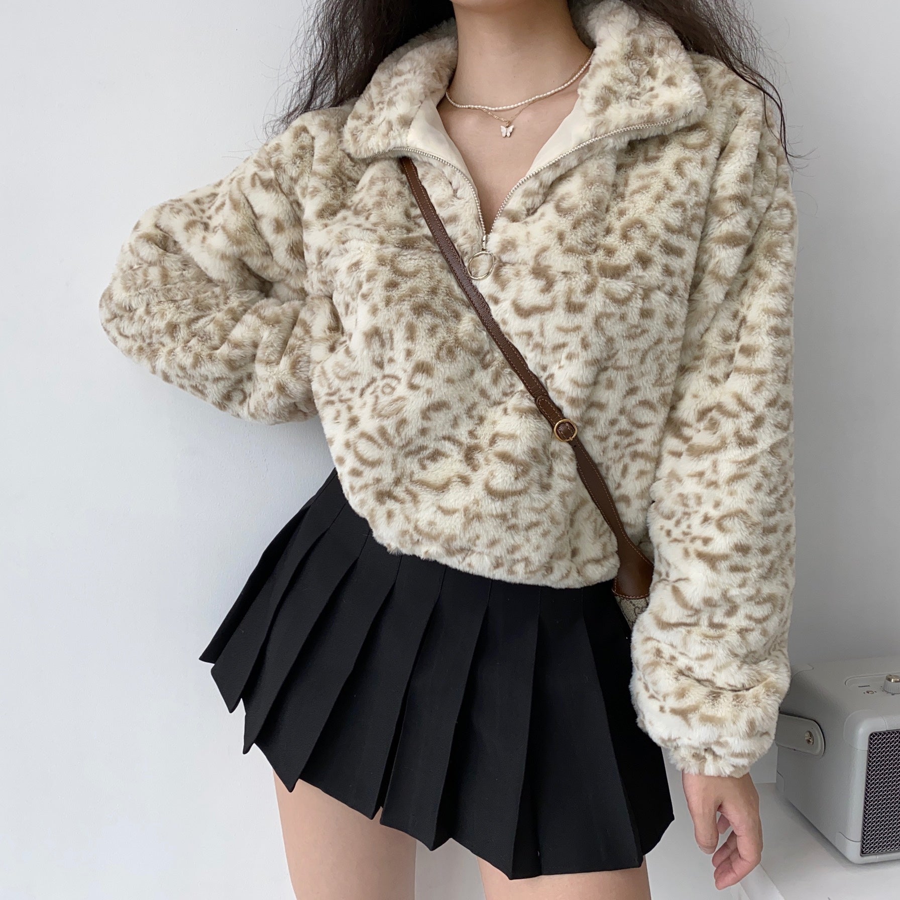 Leopard Plush Drawstring Coat