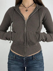 Solid Ribbed Zip Up Drawstring Hooded Long Sleeve Knit