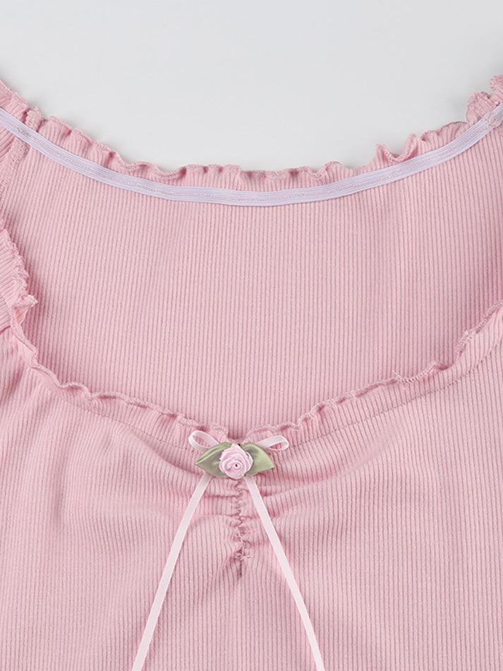 Tie Front Lace Trim Shirred Tee
