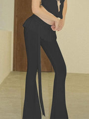 Solid Ruffled Trim Tie Up Flare Leg Pants
