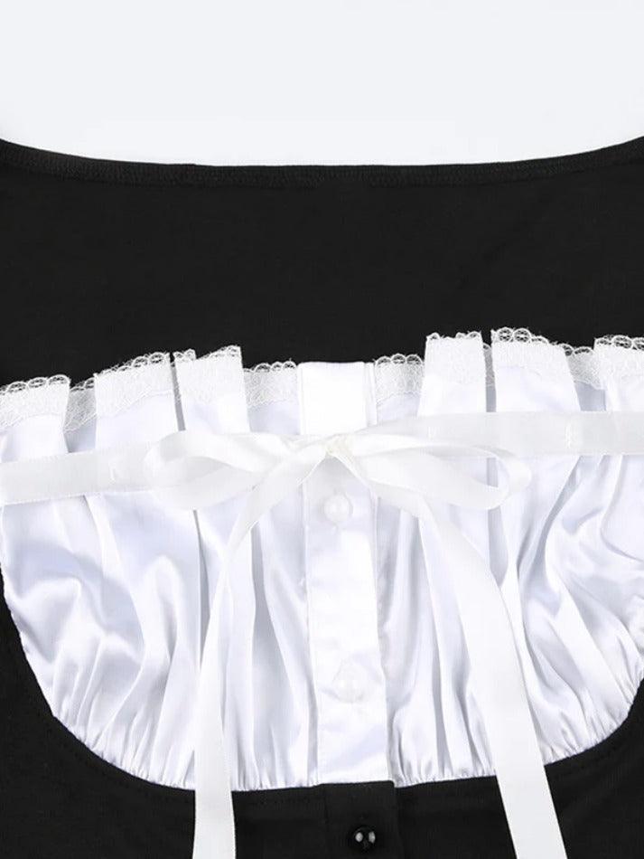 Splice Bow Square Neck Fake Two Piece Long Sleeve Tee
