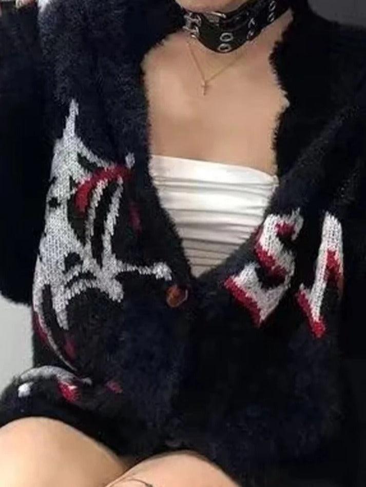 Spider Web Print Fuzzy Loose Cardigan