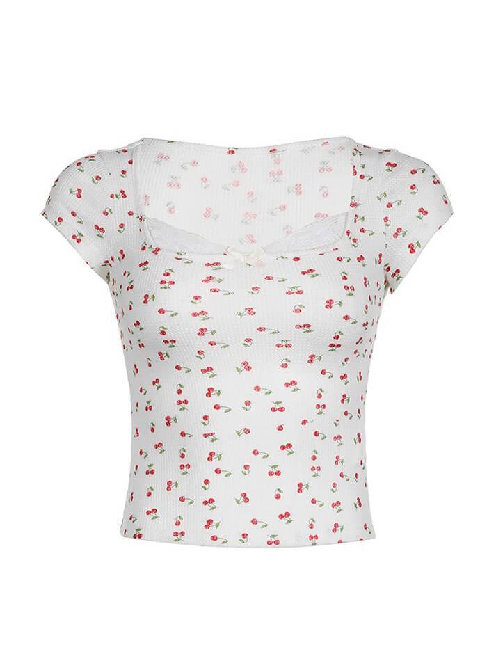 Cap Sleeve Square-Neck Lace Panel Cherry Print Top