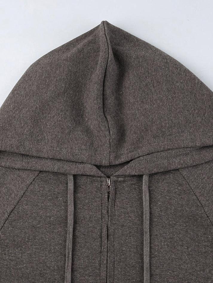 Solid Ribbed Zip Up Drawstring Hooded Long Sleeve Knit