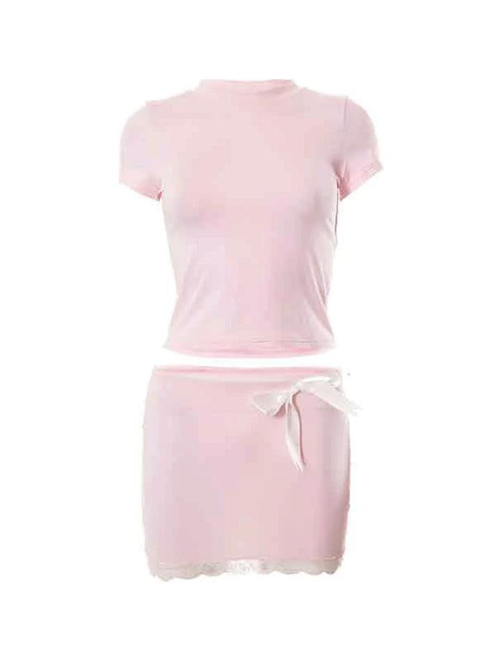Solid Color Slim Low Waist Bow Two Piece