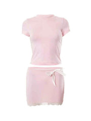 Solid Color Slim Low Waist Bow Two Piece