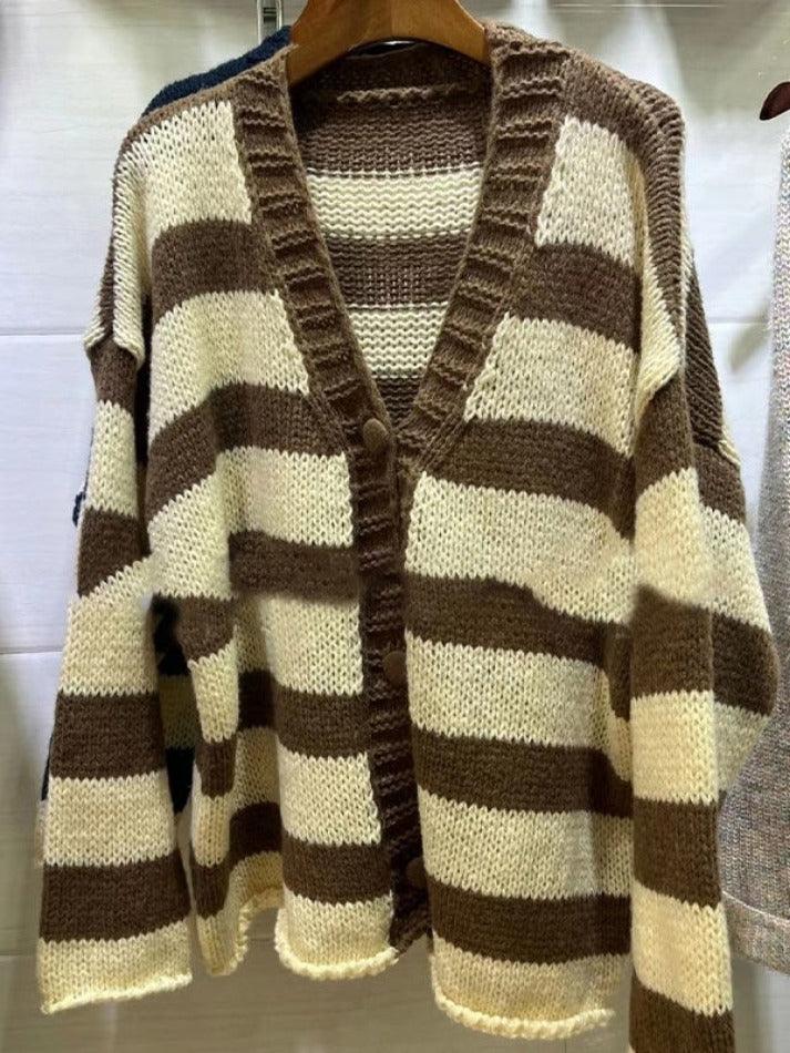 Contrast Color Striped V Neck Rolled Loose Knit Cardigan