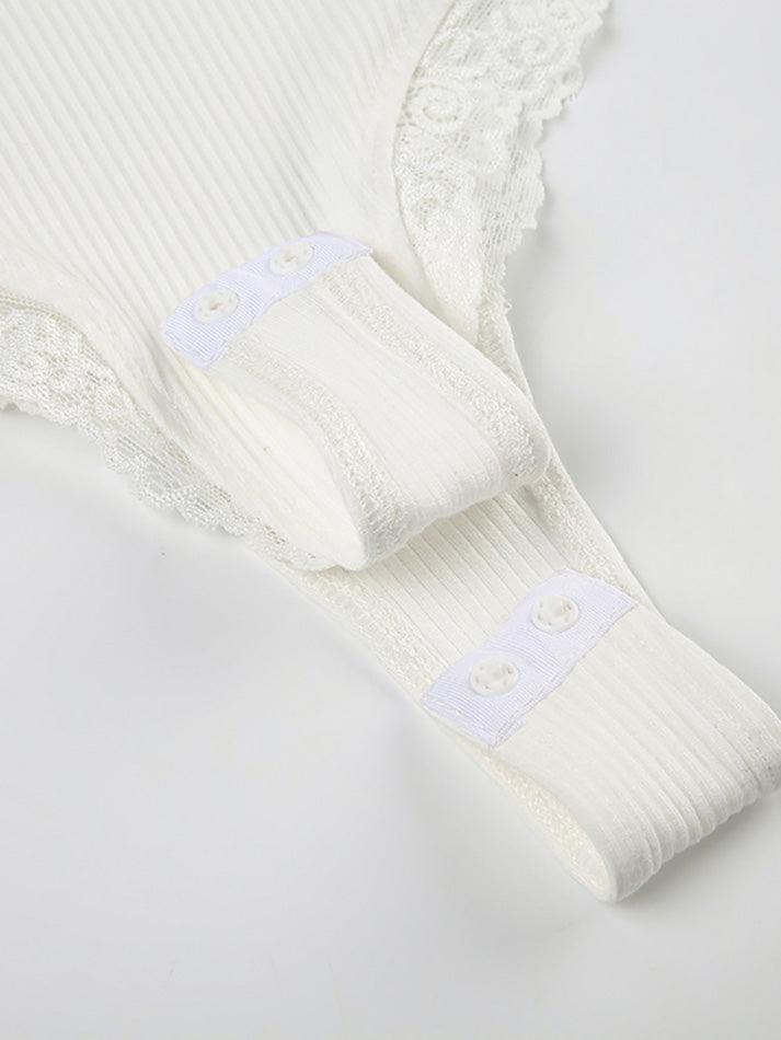 Spaghetti Strap V-Neck Lace-Trim Bodysuit Top