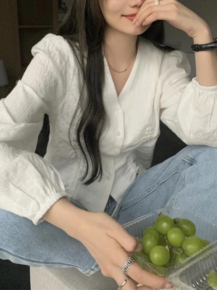 Lace Up Button Front Long Sleeve Blouse