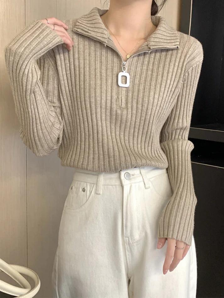 Solid Half Zip Ribbed Knit Sweater