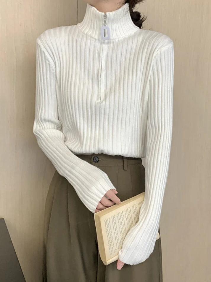 Solid Half Zip Ribbed Knit Sweater