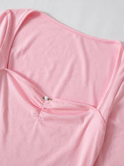 Solid Square Neck Shirred Long Sleeve Tee