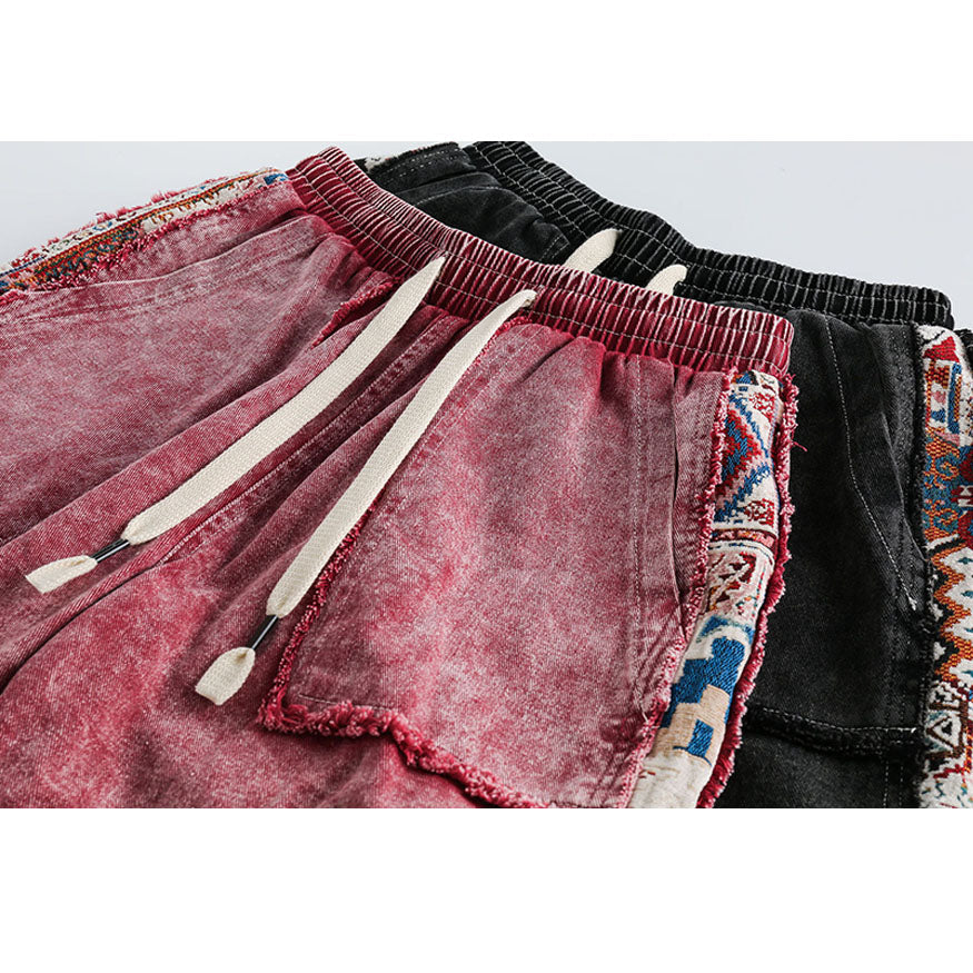 Ethnic Style Denim Patchwork Drawstring Shorts