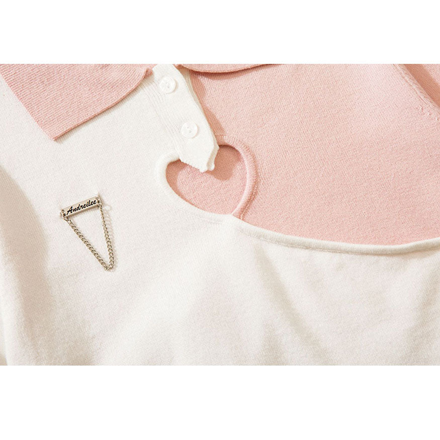 Heart Hollow Out Lapel Knit Crop Top