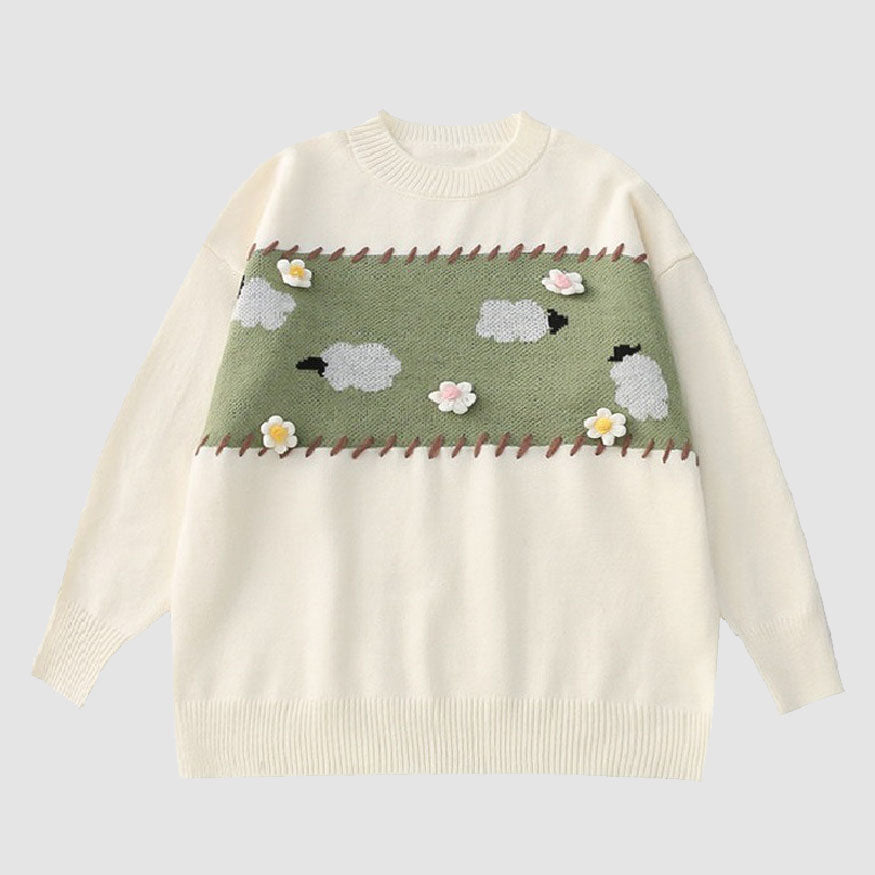 Knit Flower & Sheep Pattern Sweater