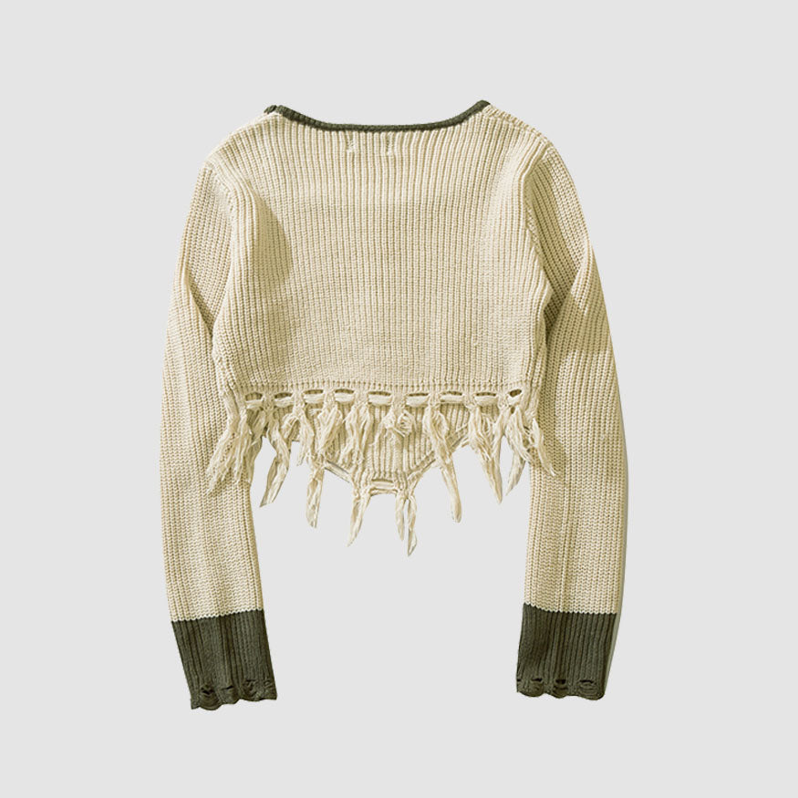 Square Neck Letter Embroidery Irregular Hem Tassel Cropped Sweater