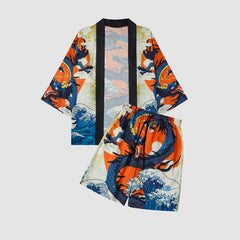 Two Piece Dragon Print Kimono + Shorts