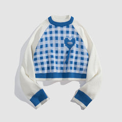 Tassel Check Pattern Patchwork Cropped Sweater