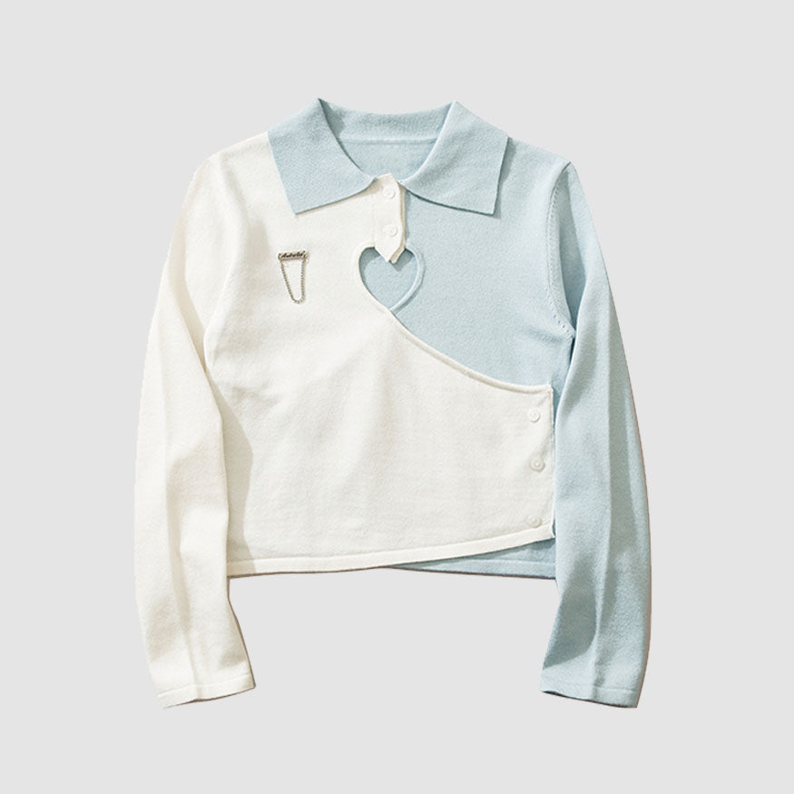 Heart Hollow Out Lapel Knit Crop Top