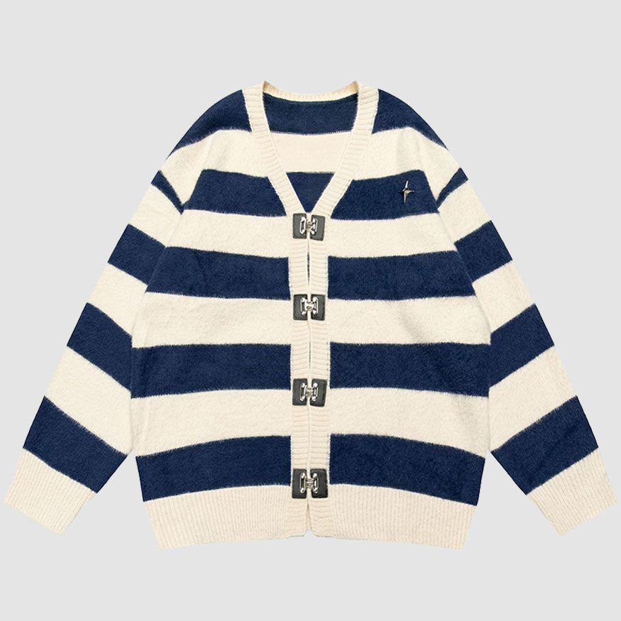 Striped Buckle Closure Cardigan Sweater