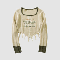 Square Neck Letter Embroidery Irregular Hem Tassel Cropped Sweater