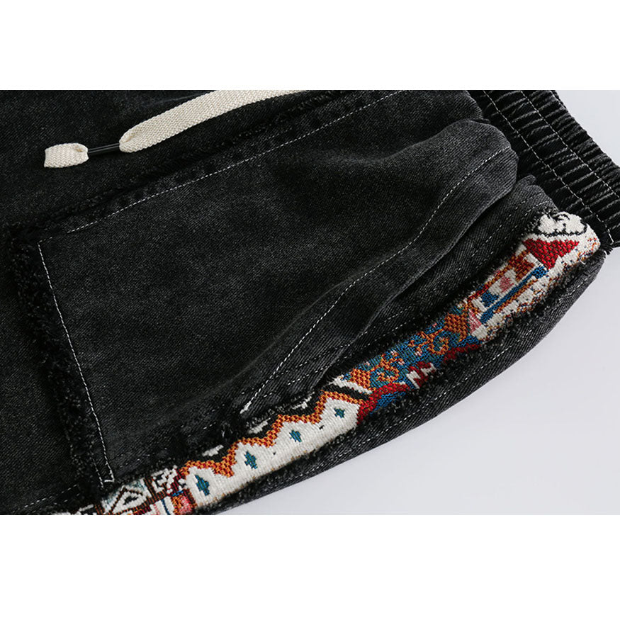 Ethnic Style Denim Patchwork Drawstring Shorts