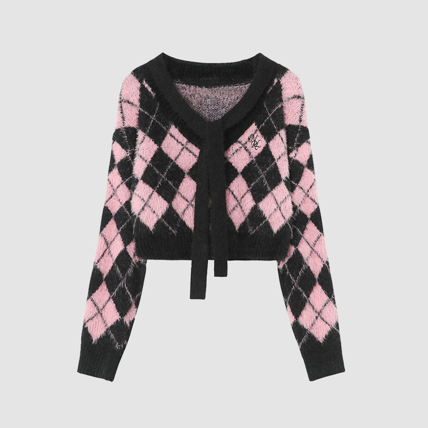 Tie + Argyle Pattern Cropped Sweater