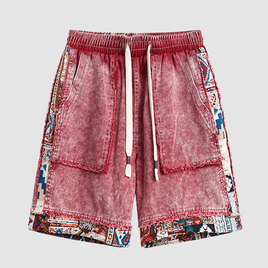 Ethnic Style Denim Patchwork Drawstring Shorts