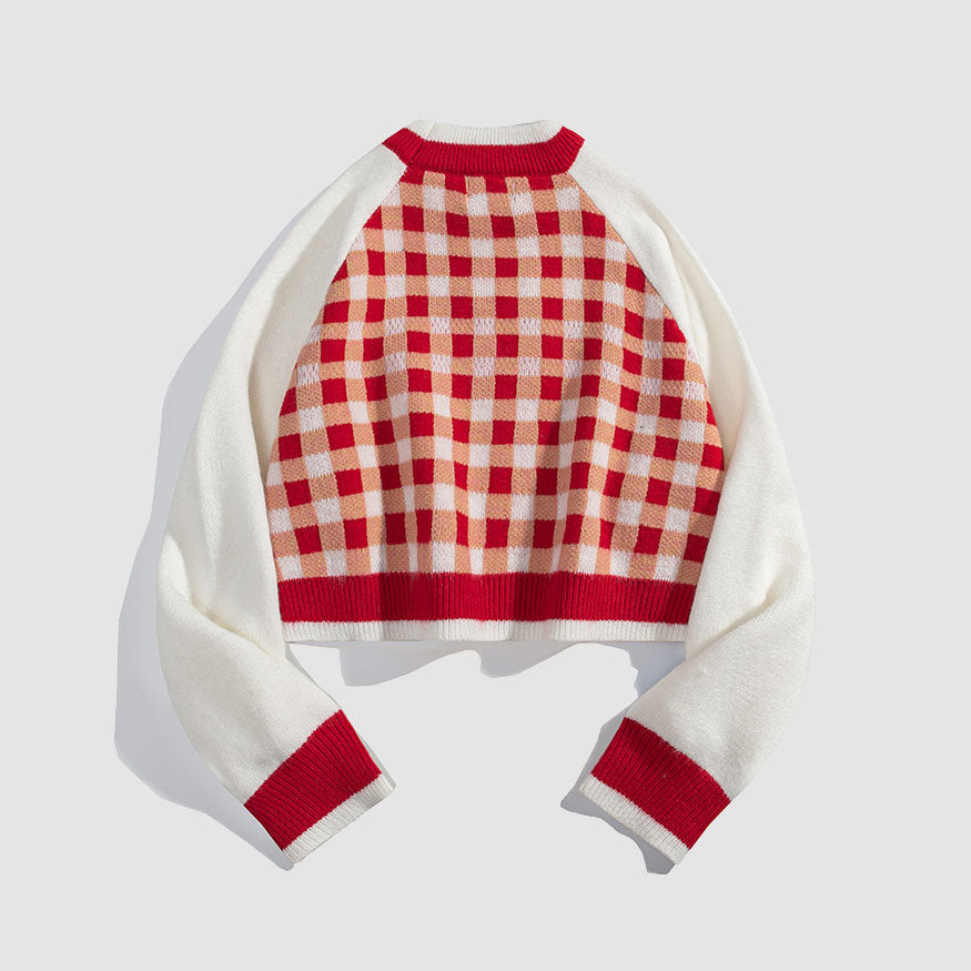 Tassel Check Pattern Patchwork Cropped Sweater