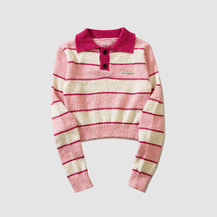 Turndown Collar Stripe Cropped Sweater