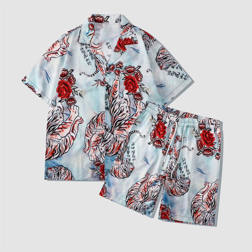 Two Piece Tiger & Rose Print Shirt + Shorts